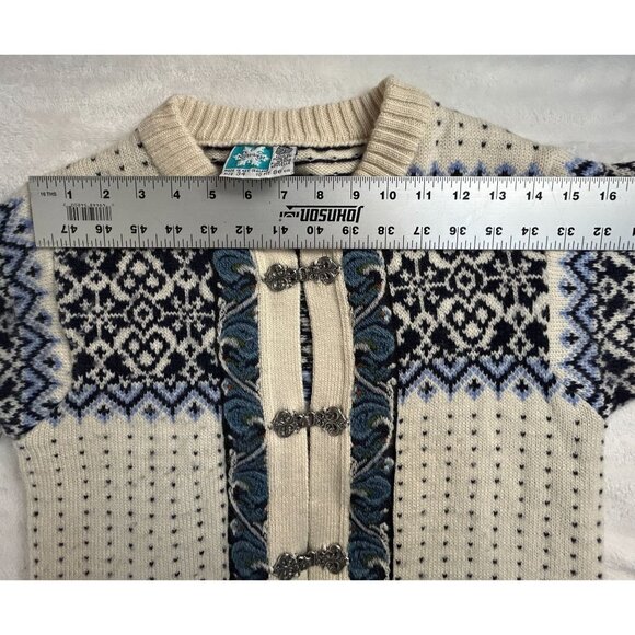 Vintage Norsewear Womens Cardigan Sweater 34 Wool Blue/Ivory Metal Nordic Clasp - Picture 5 of 9